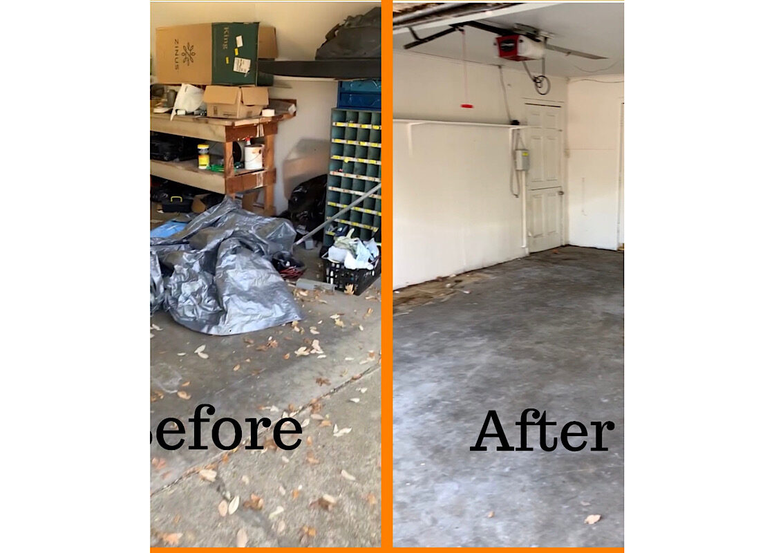 Dallas Garage Cleanout Results Side-by-side comparison showing a cluttered Dallas garage filled with debris and the same garage completely cleaned out after professional junk removal.