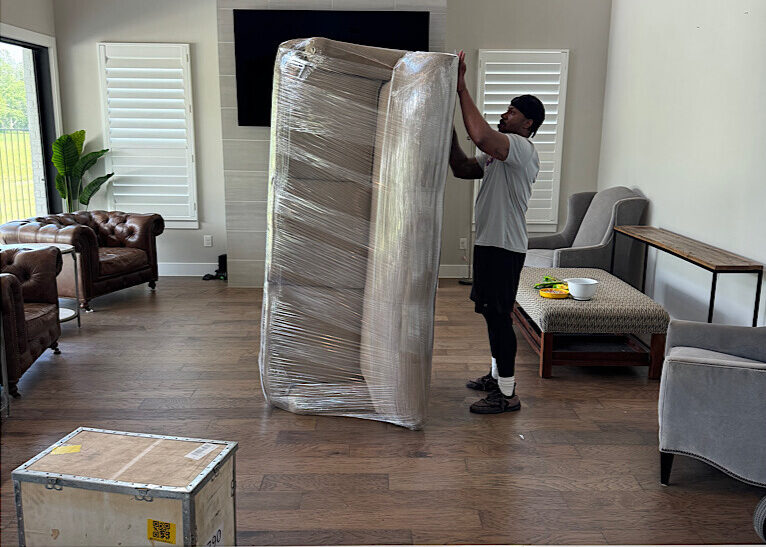 mover-unwrapping-furniture-in-living-room A professional mover unwrapping a large, plastic-wrapped sofa in a modern, high-ceiling living room